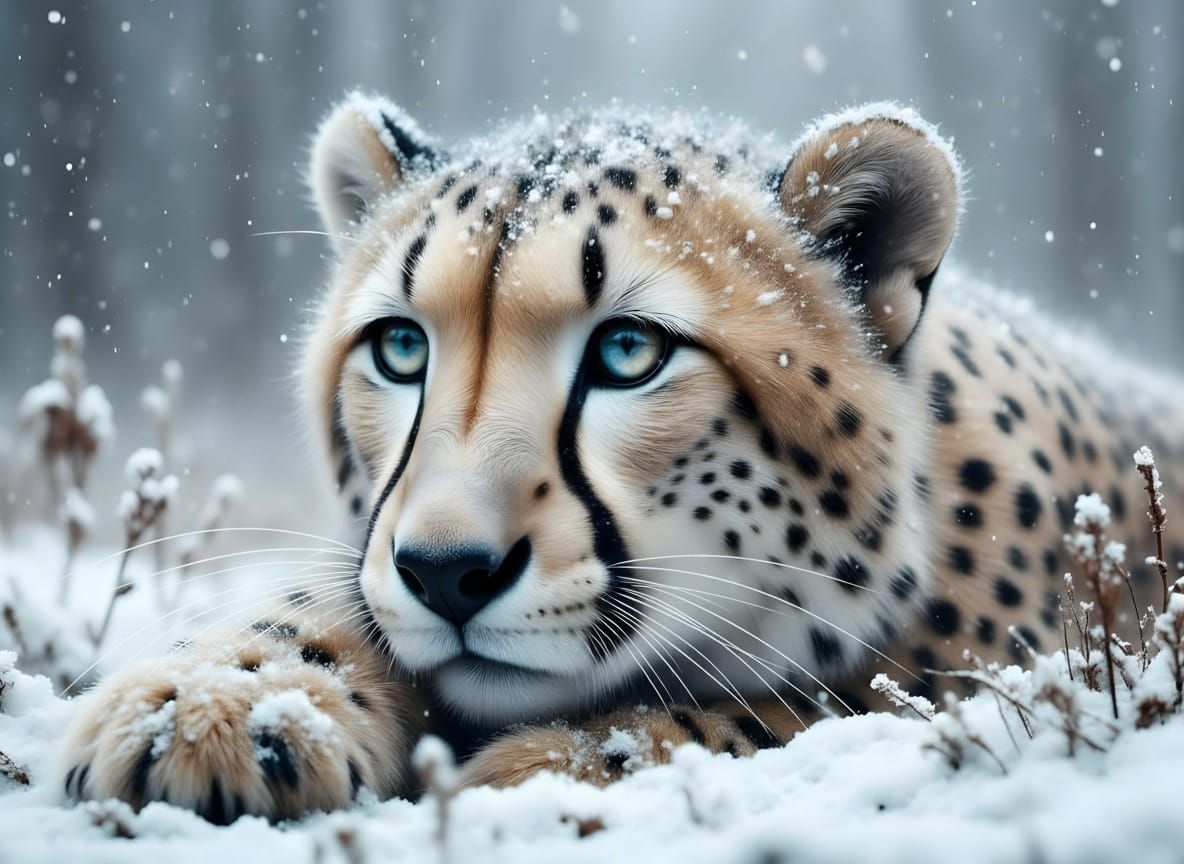 White Cheetah With Blue Eyes Reclining on Snow