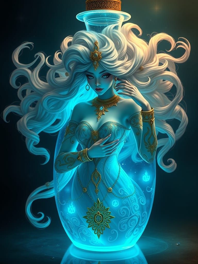 Enchanted Genie in Luminous Potion Bottle, Dreamy Symbolism