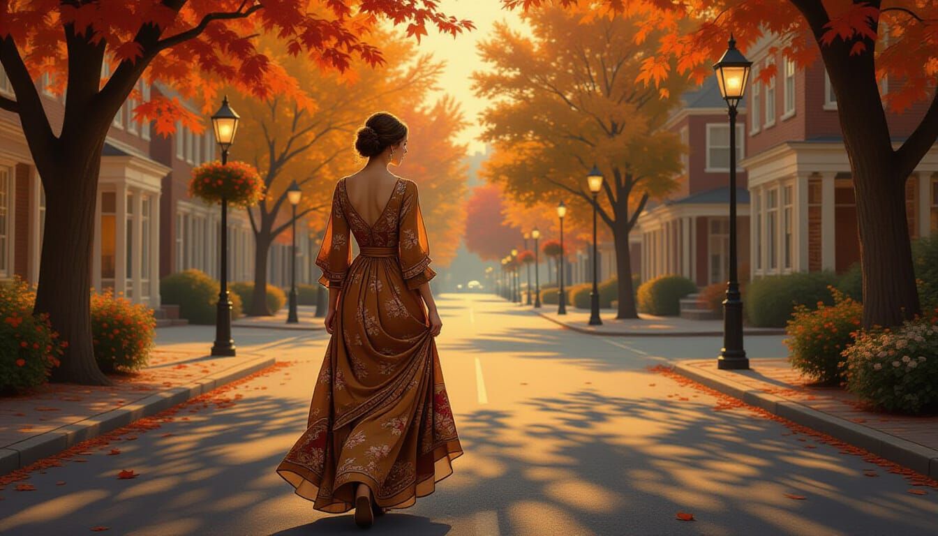 Elegant Woman in Autumn City Dusk Oil Painting