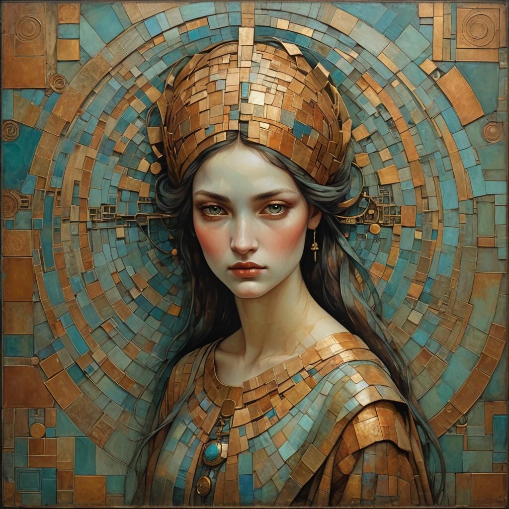 Young Woman Portrait with Gold Crepe, Impasto Style