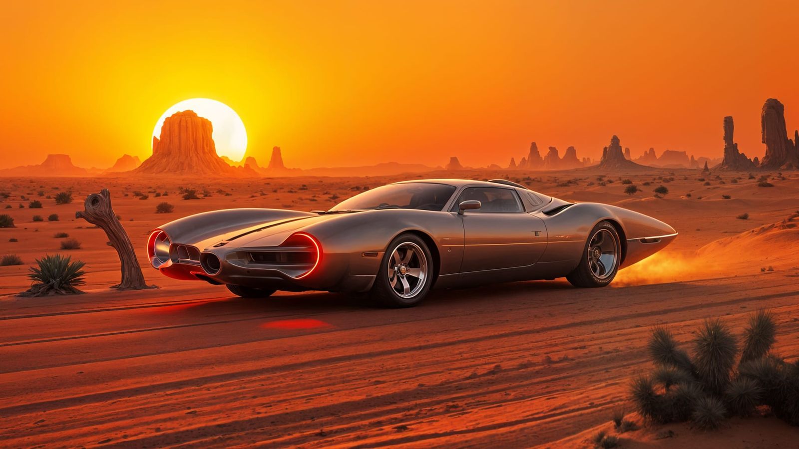 A sleek, low-slung concept car speeding across a vast, open ...
