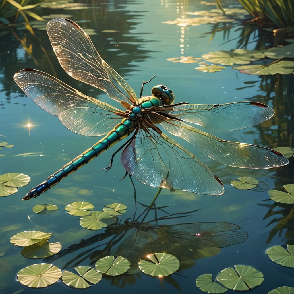 Giant Dragonfly Hovering Over Lake: Digital Concept Art