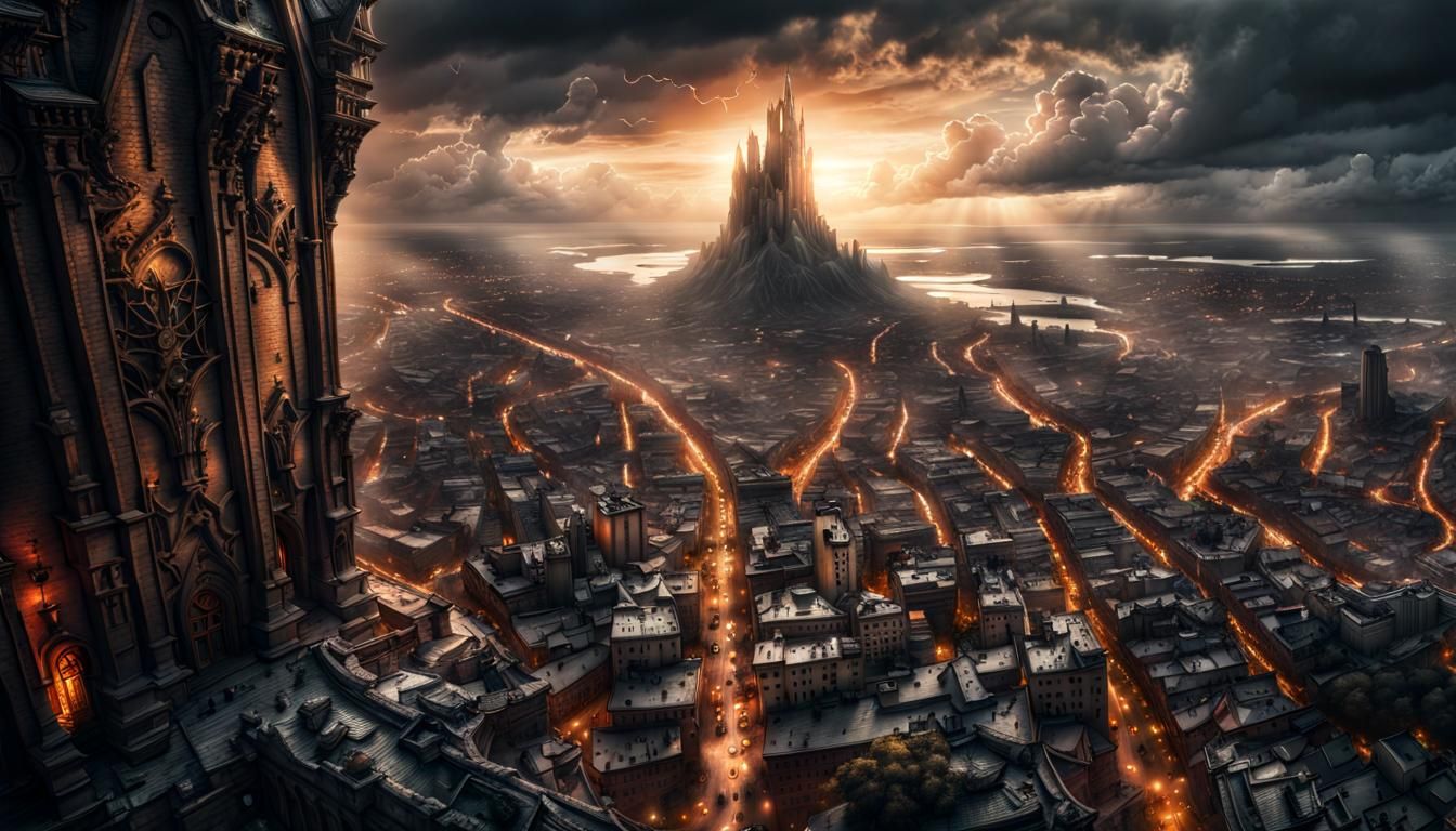 God's Thumb Squeezing City: Dark Fantasy Concept Art