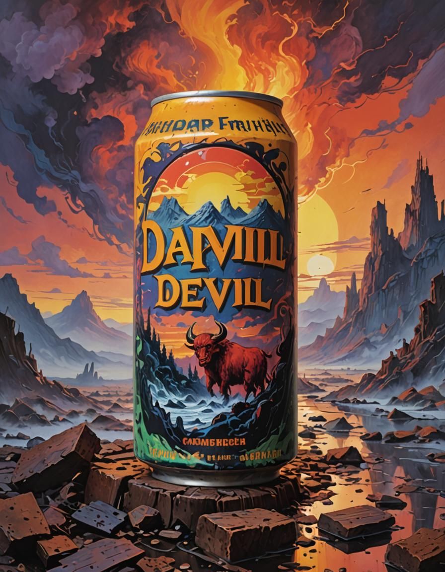 fauvism/ art by Jim Lee/ Caspar David Friedrich;
Rusted can of (devil ale:1.3) brew.
Bold writing.