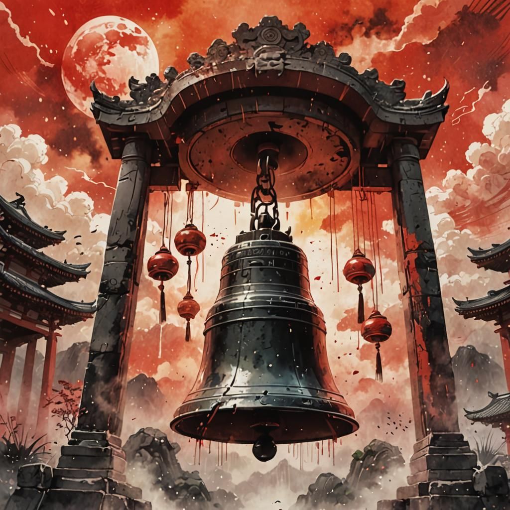 Ancient Temple Bell in Japanese Ink Painting Style