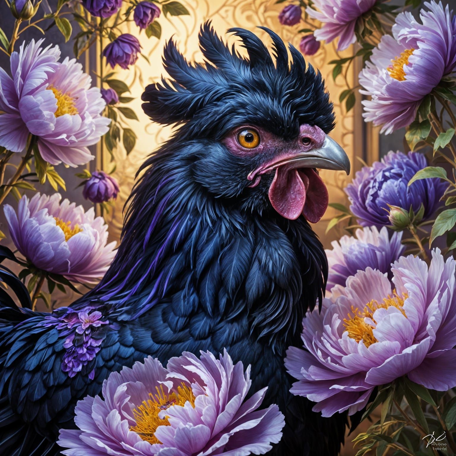 Fluffy Black Rooster Chick in Purple Peonies
