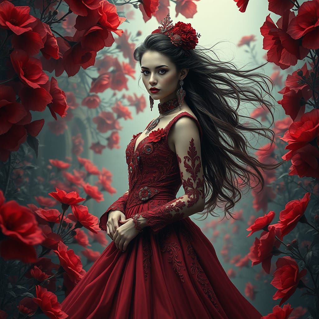 A stunning woman in a red, ornate dress stands in a surreal, floral landscape. Her flowing hair and intricate accessorie...