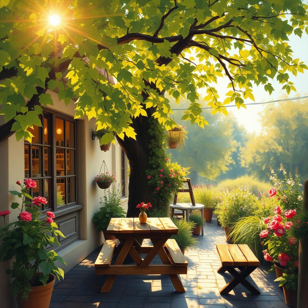 Impressionistic Cafe Scene in Golden Light