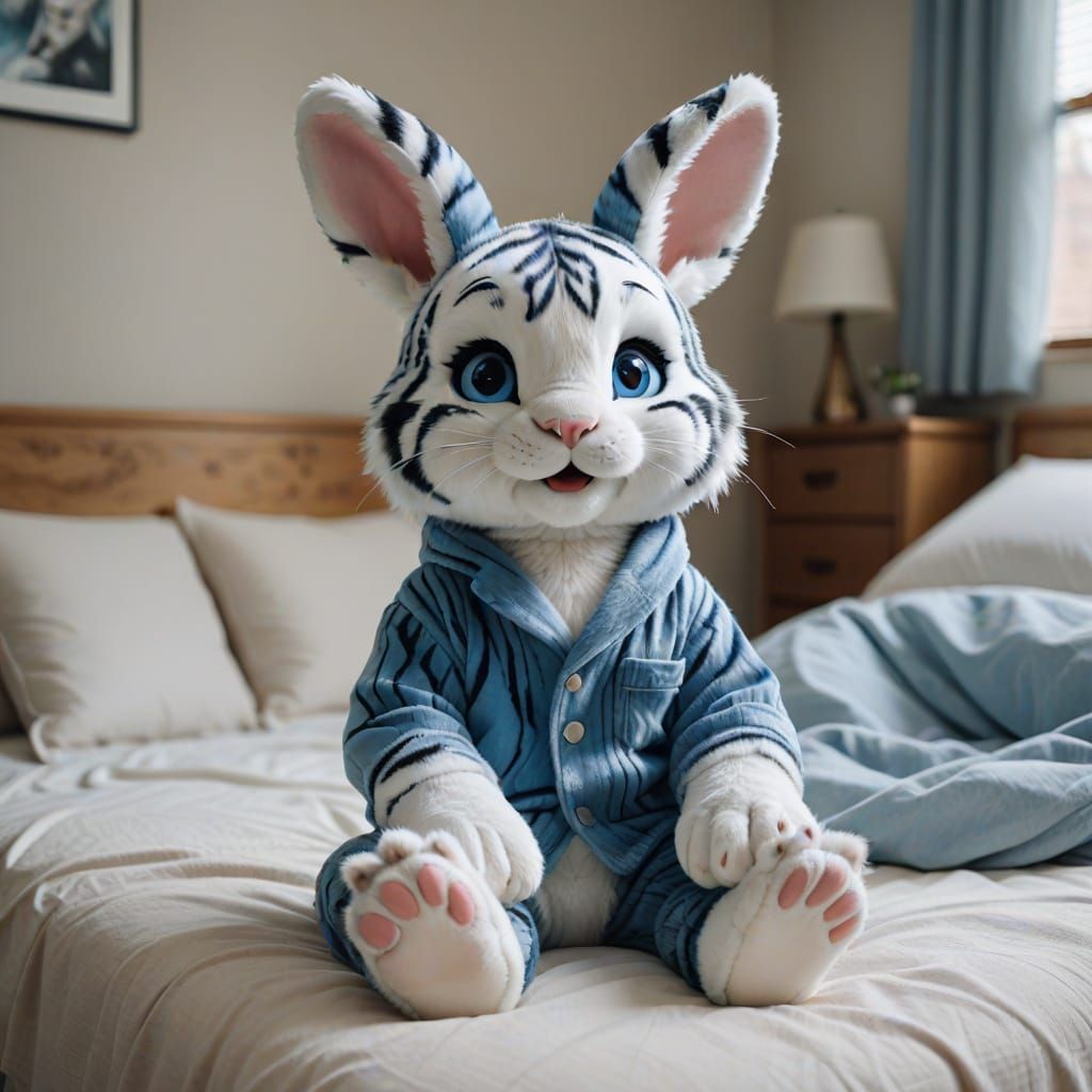 Surreal Cyberpunk Bunny in Cozy Room with Soft Blue Tiger St...