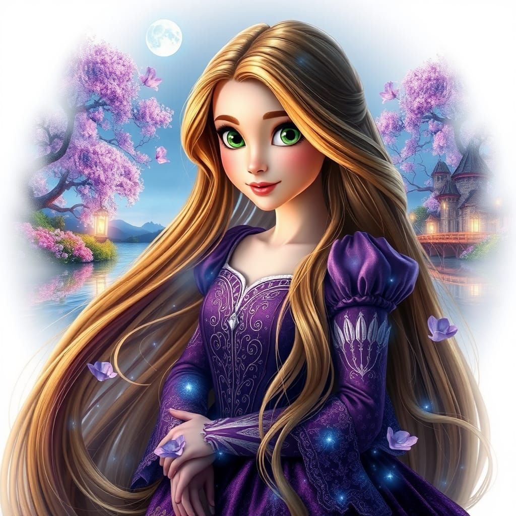Rapunzel in Dreamlike Lake Scene, Digital Art