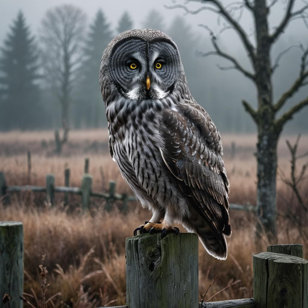 Great Grey Owl Portrait in Misty Landscape