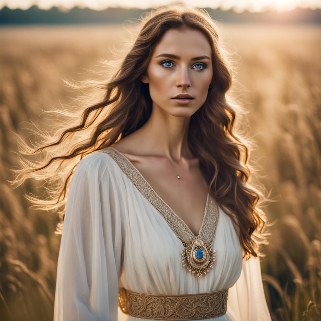 Angelic Woman in Sunny Field with Golden Light