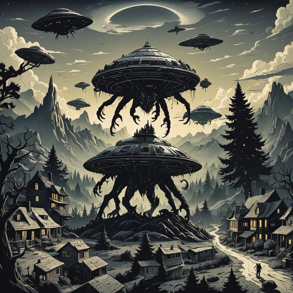 Fantasy Scene: UFO, Dragon, and Mythical Creatures