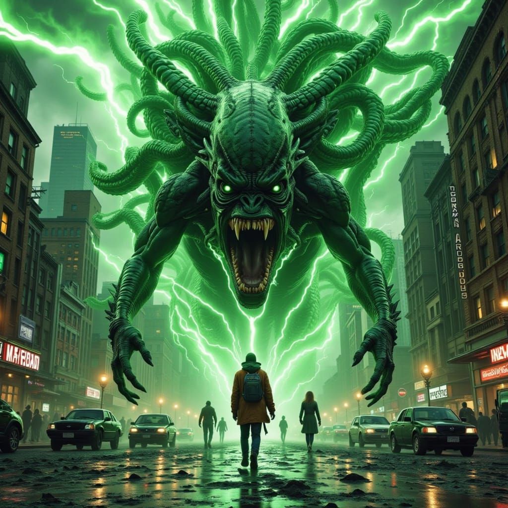 Ethereal Alien Rampages through Futuristic Cityscape in Grap...