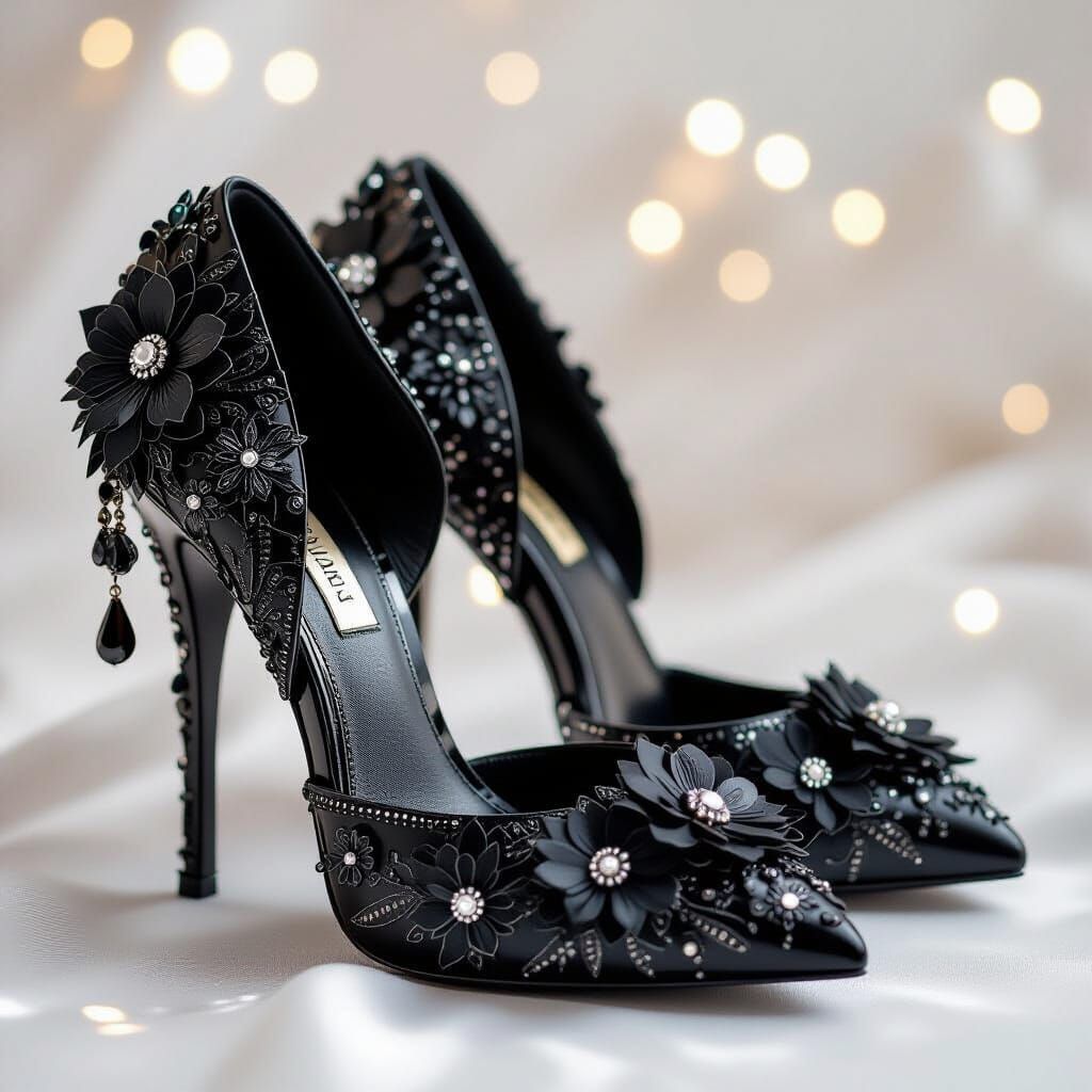 Elegant Black Floral High Heels with Intricate Embellishment...