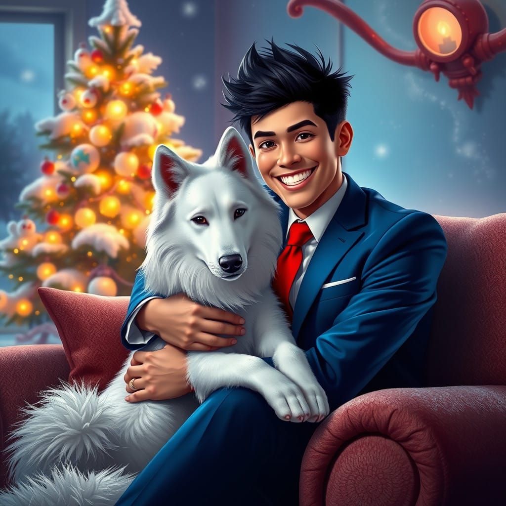 Sleek Man Cuddles Whimsical Christmas Dog with Magical Winte...