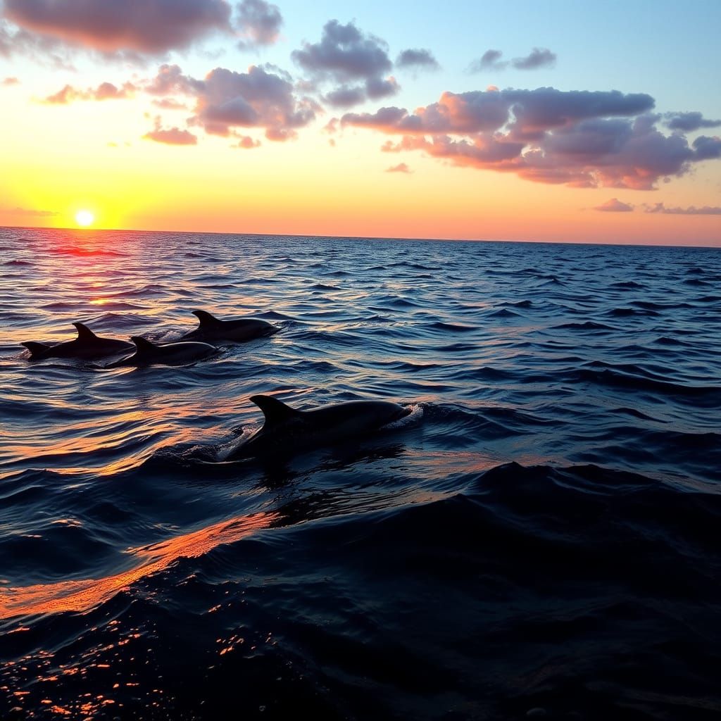 Dolphins Diving into Vibrant Sunset Ocean