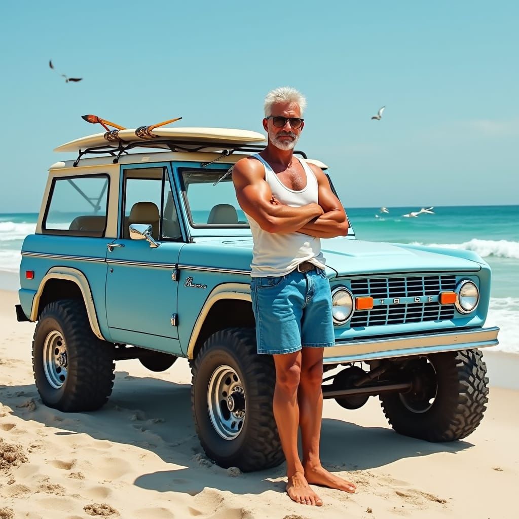 Confident Man in Board Shorts Stands with Restored 1976 Ford...
