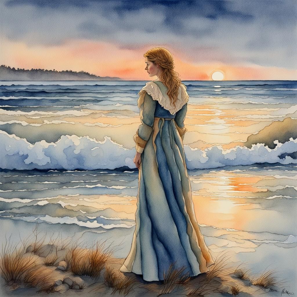 Fair Maiden at Sunrise: Watercolor Coastal Art