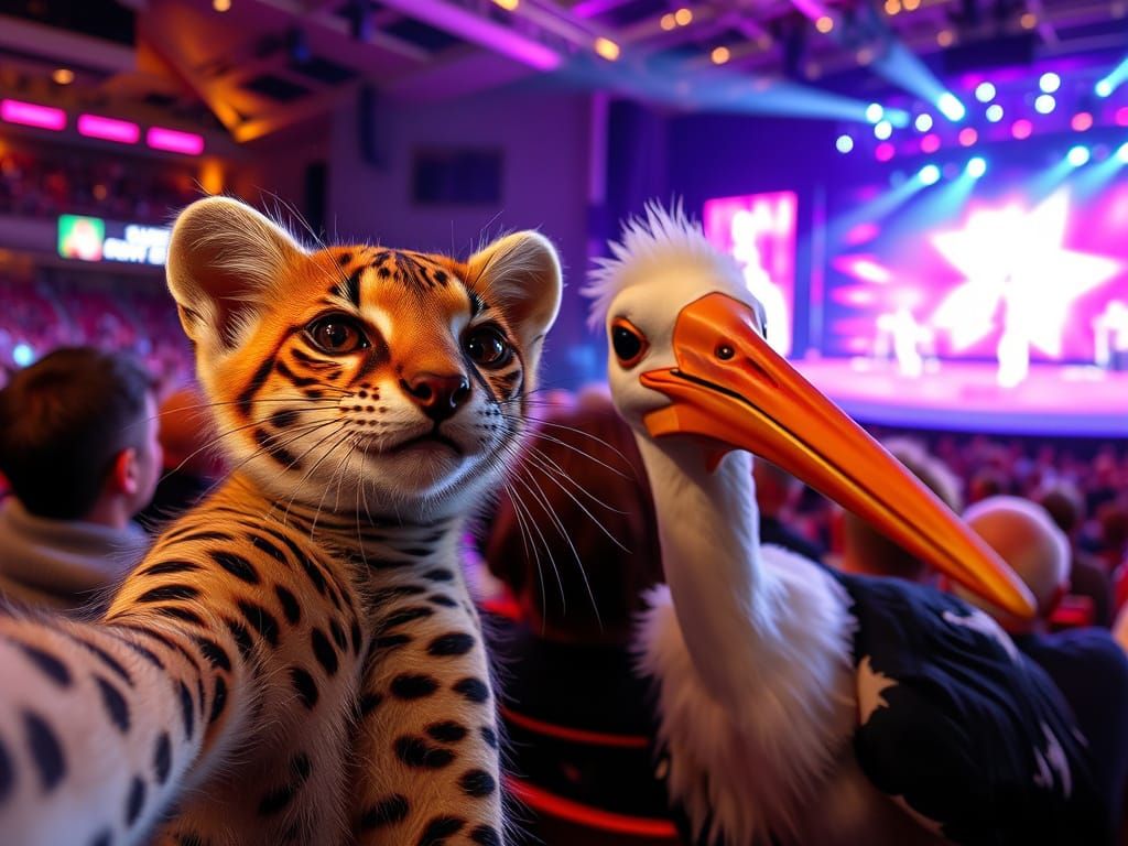 an ocelot and a stork take a selfie at a Taylor Swift concert