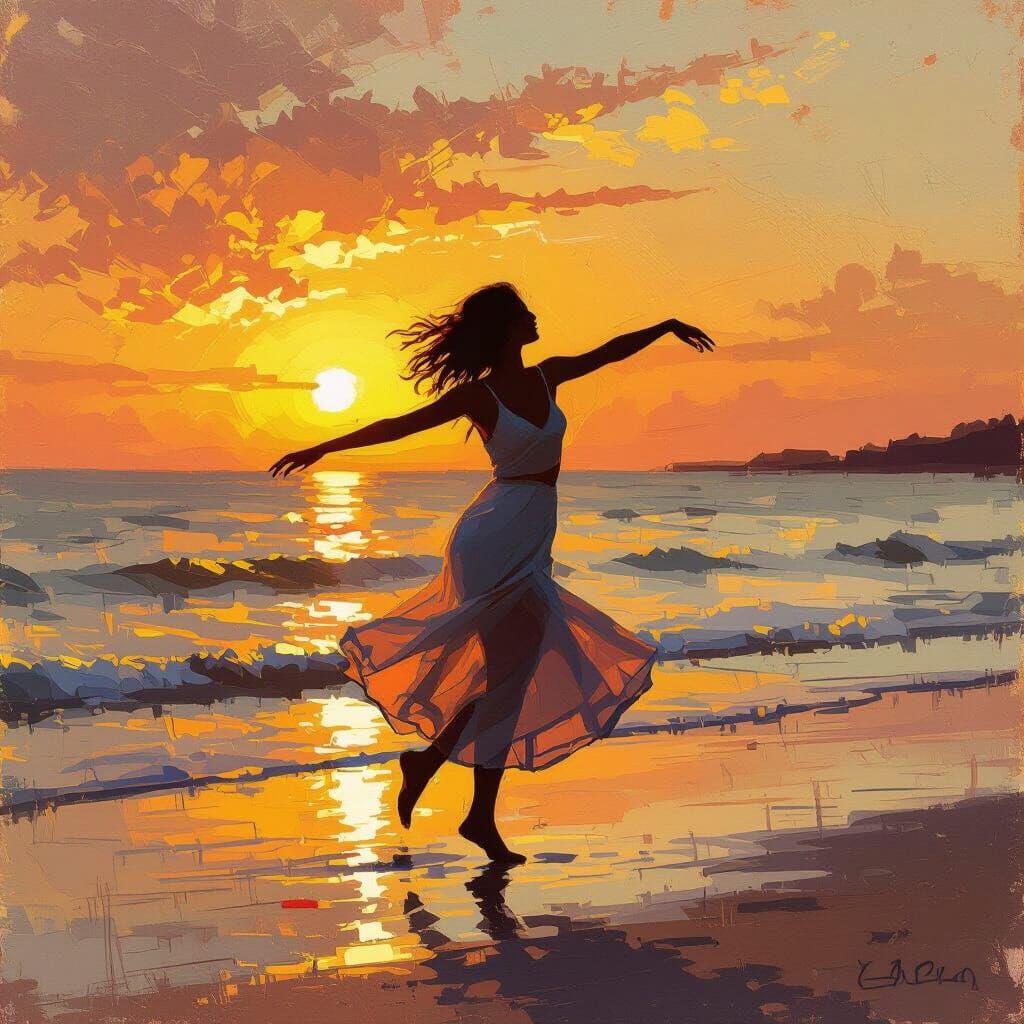 Joyful Silhouette Dances at Sunset by the Sea