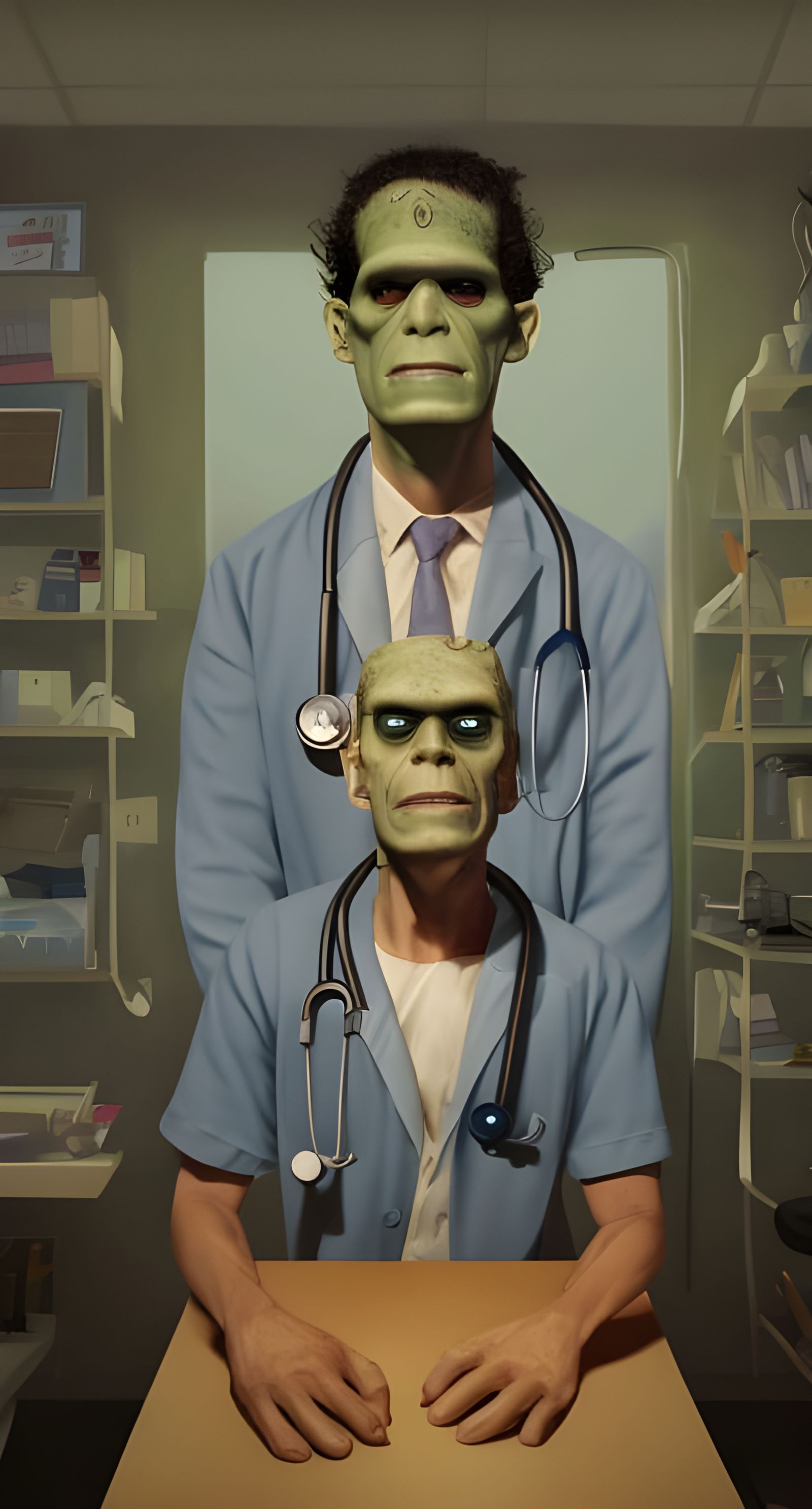 Frankenstein as Doctor in Exam Room, Detailed Art