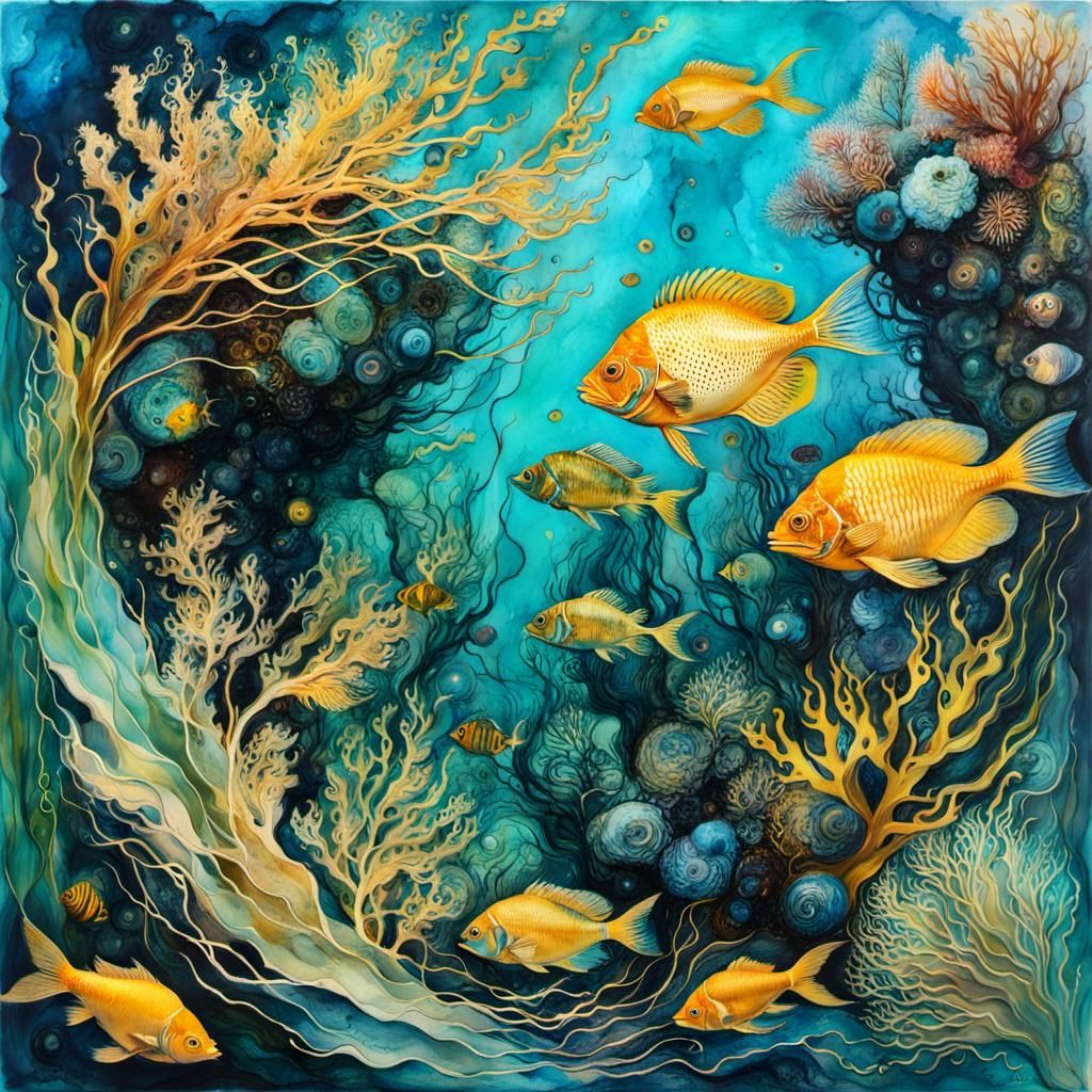 Encaustic Underwater World in Van Gogh Style