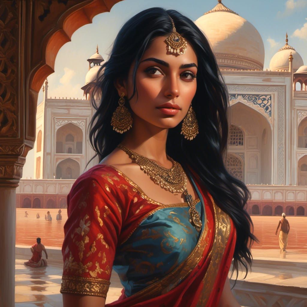 Indian Woman with Taj Mahal in Fantasy Art Style
