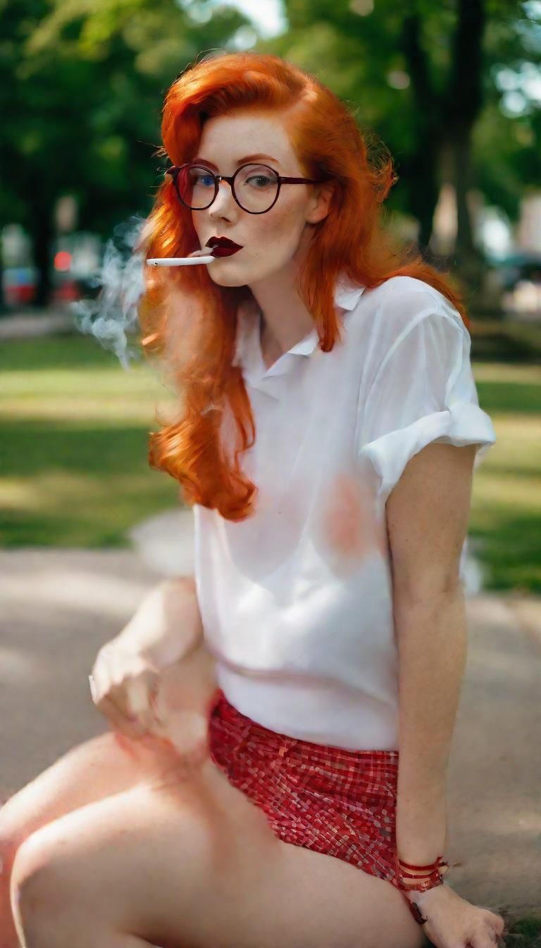 Redhead in Park with Striking Red Accessories