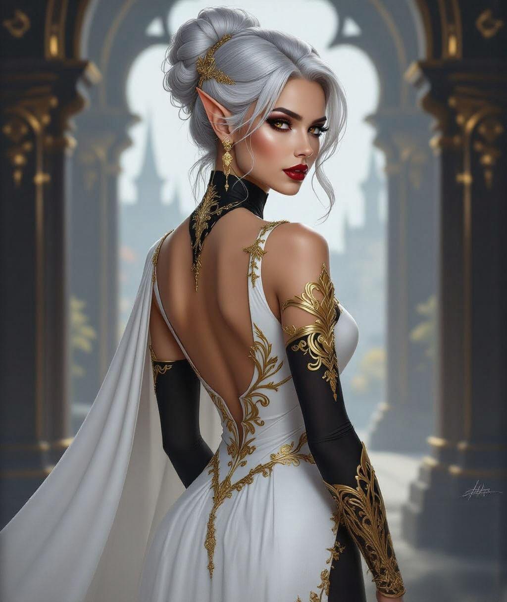 Elegant Elf Woman in White Gown with Golden Embroidery