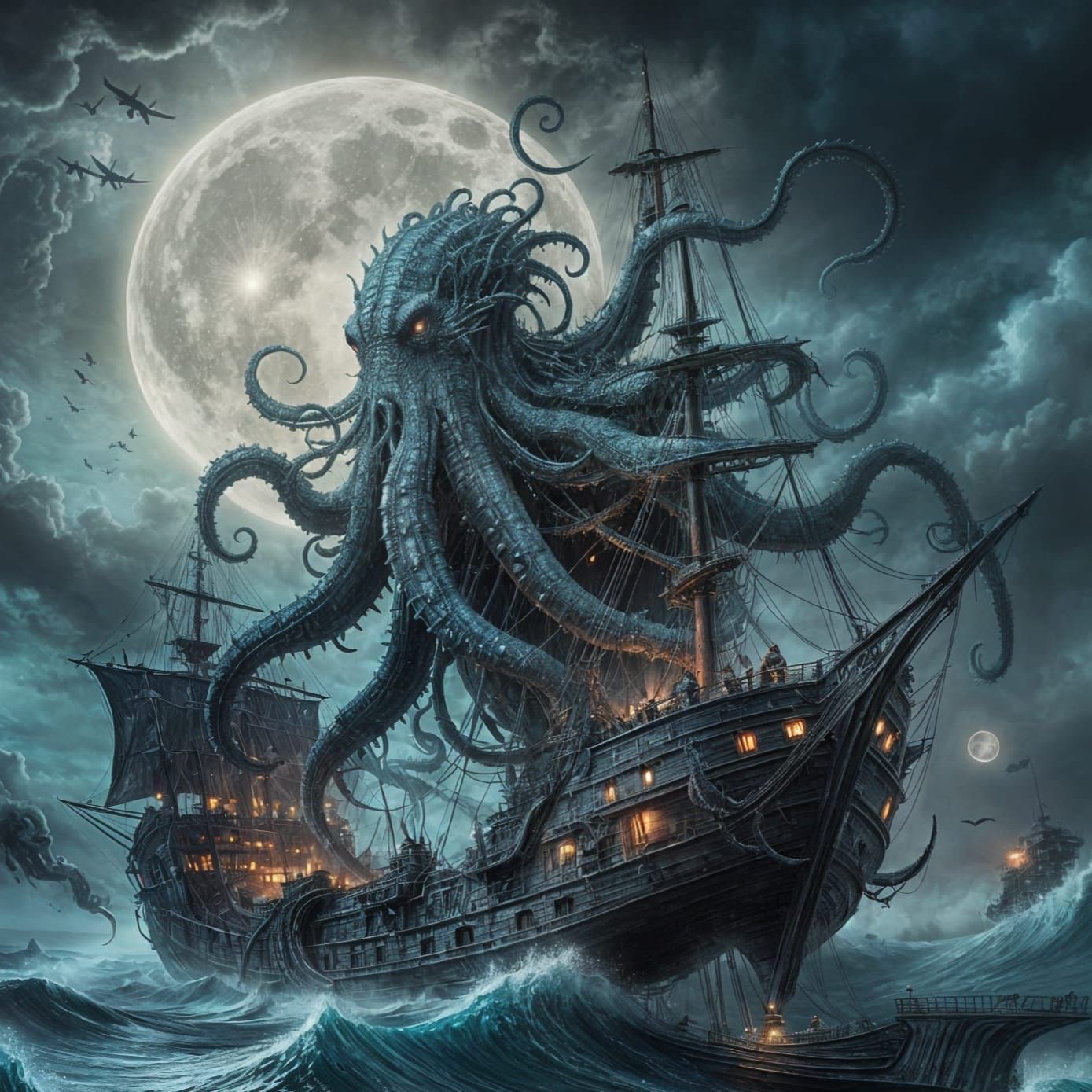 Kraken Attacks Galleon in Tempestuous Sea