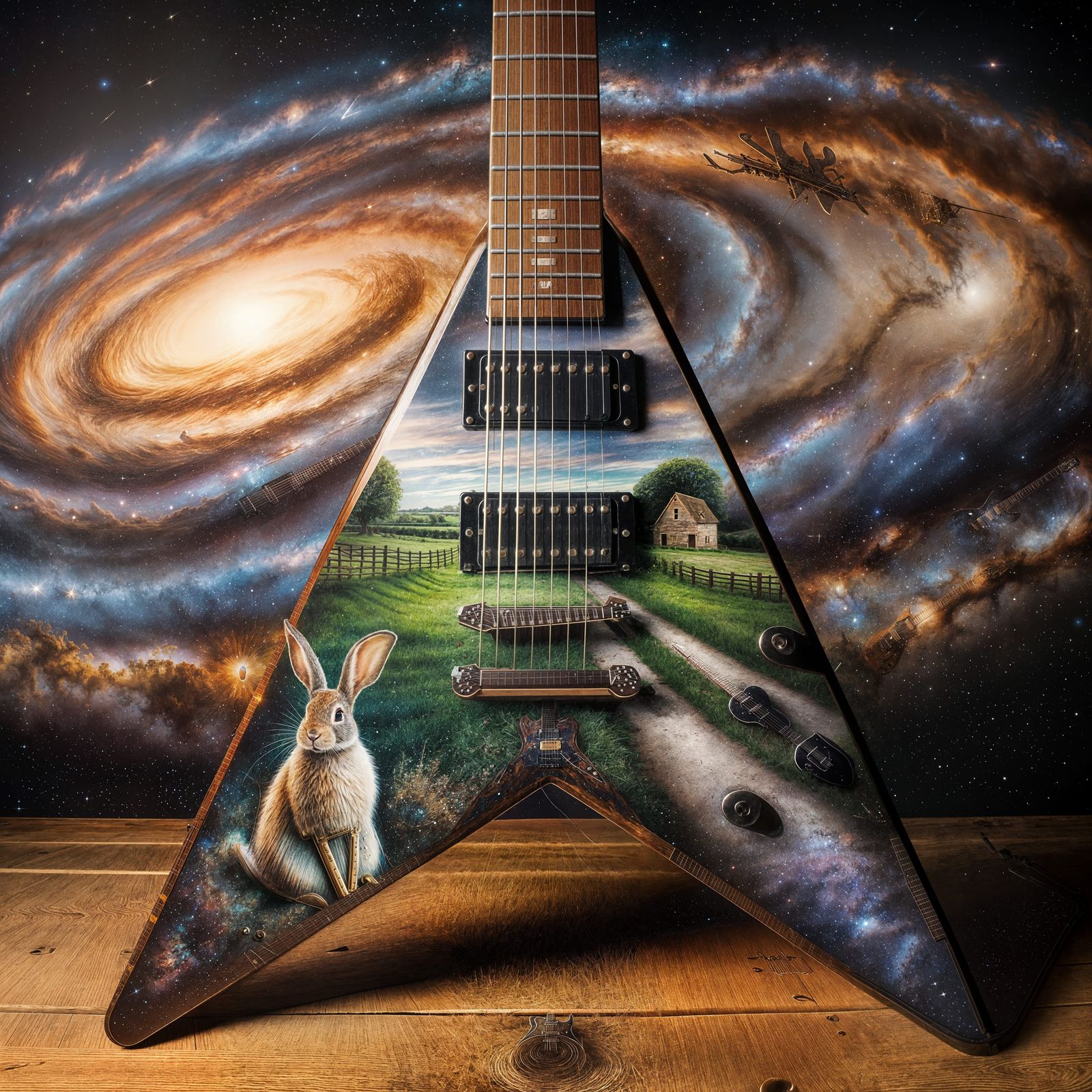Flying V Guitar with Galaxy and Country Scene