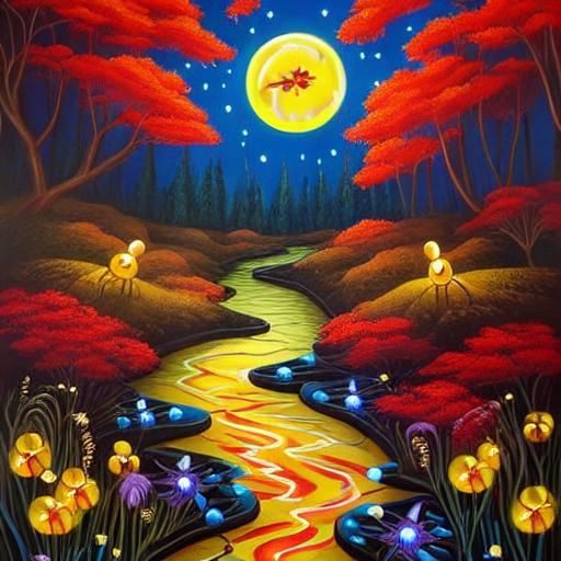 Bioluminescent Forest Stream: Fantasy Acrylic Painting