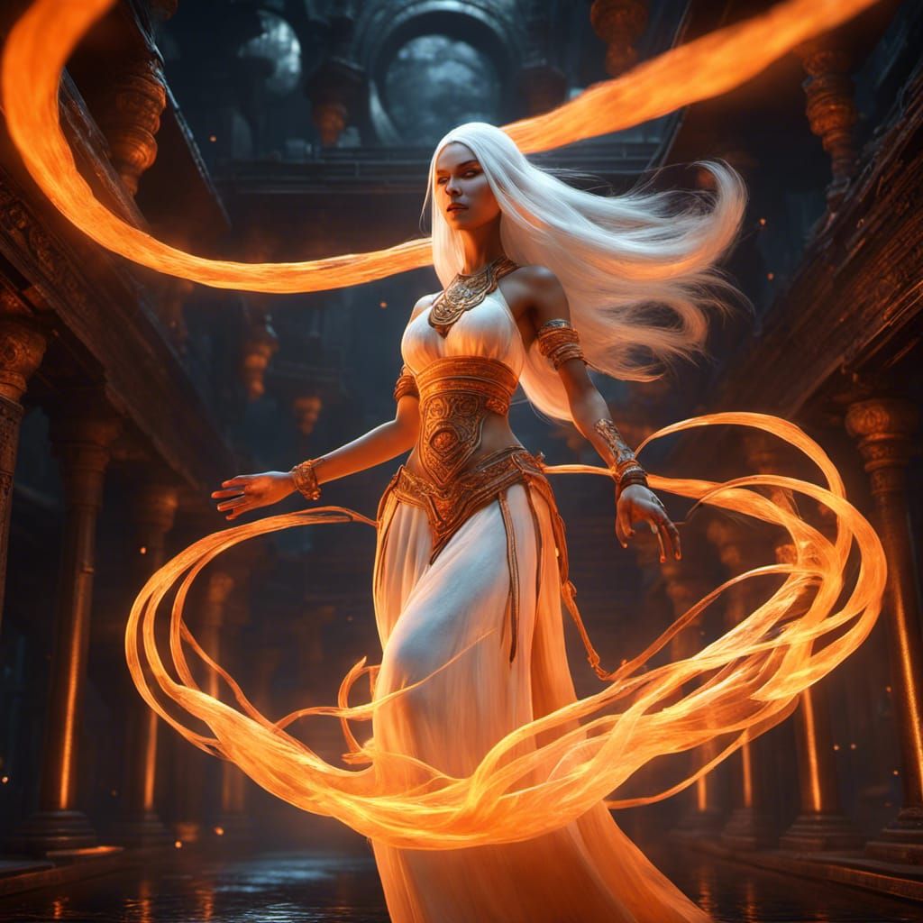 Orange Glowing Genie with Long White Hair