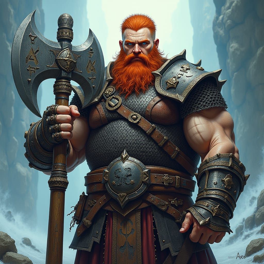 Redheaded Warrior with Axe in Comic Book Style