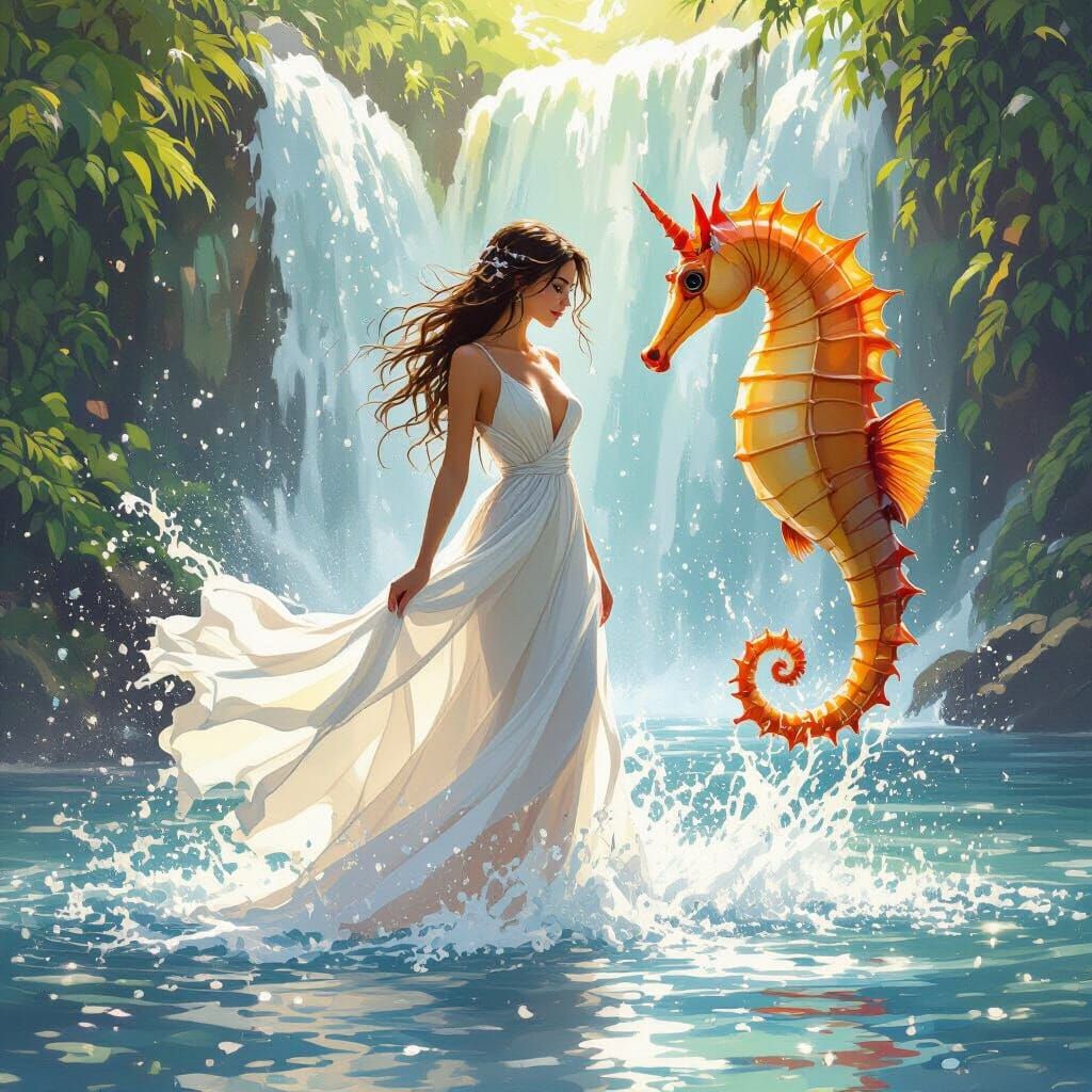 Enchanting Waterfall Scene with Woman and Seahorse
