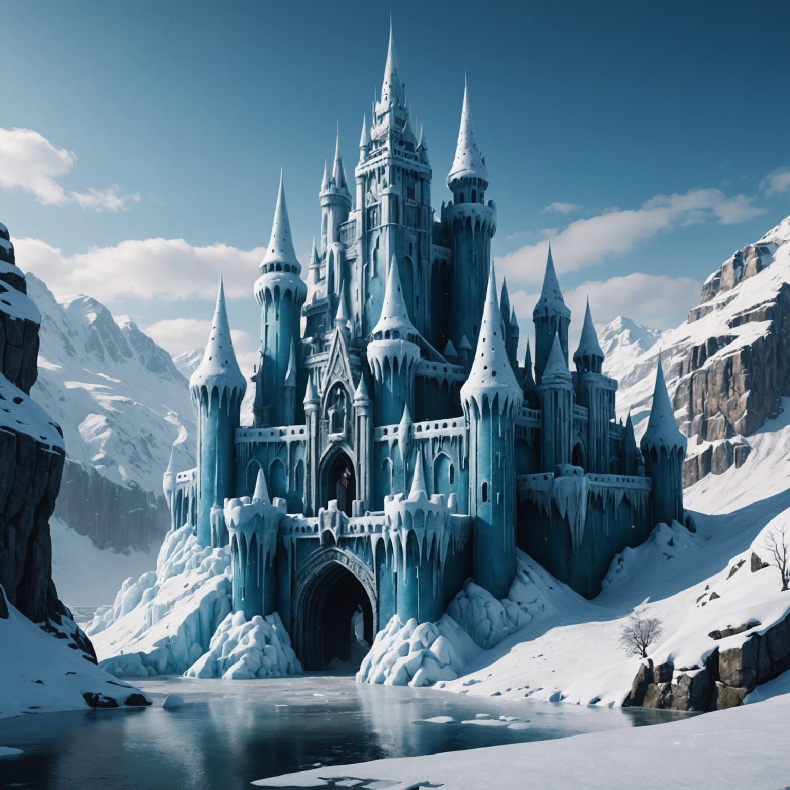 Ice Castle in Snowy Landscape: Detailed Matte Painting