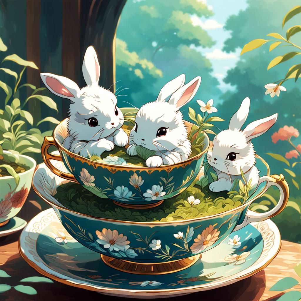 Baby Bunnies in Teacups: Anime-Style Concept Art