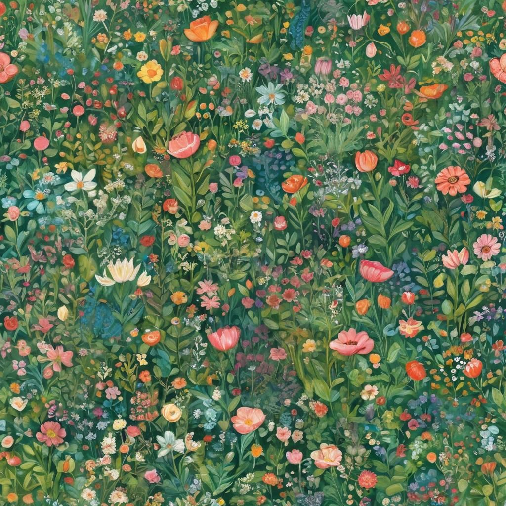 Whimsical Spring Garden in Colorful Impasto Style