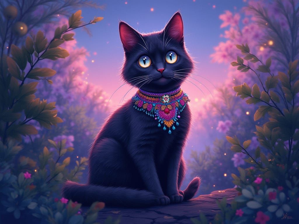 Enchanted Cat in Twilight Hues: A Pop Art Dream