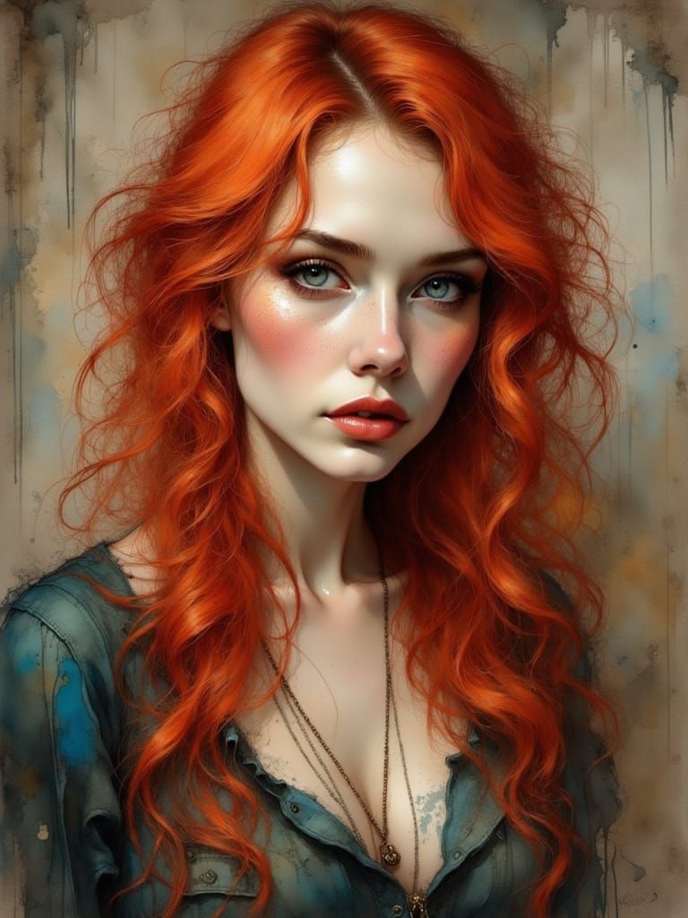 Beautiful Redhead Young Woman in Ink Poet Style