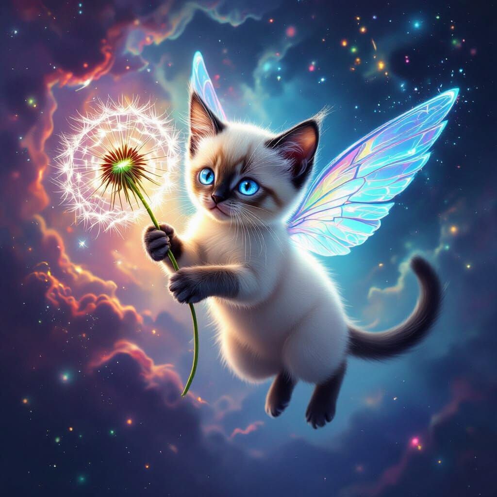Winged Kitten Floats Through Cosmic Dreamscape