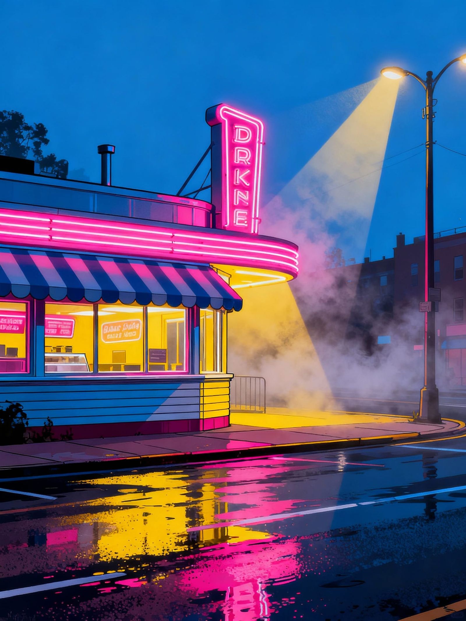 Vintage Diner at Twilight in Retro Graphic Style