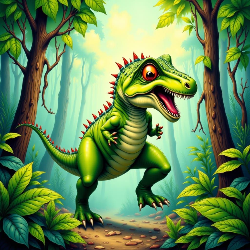 Joyful T-Rex Stomping Through Prehistoric Jungle