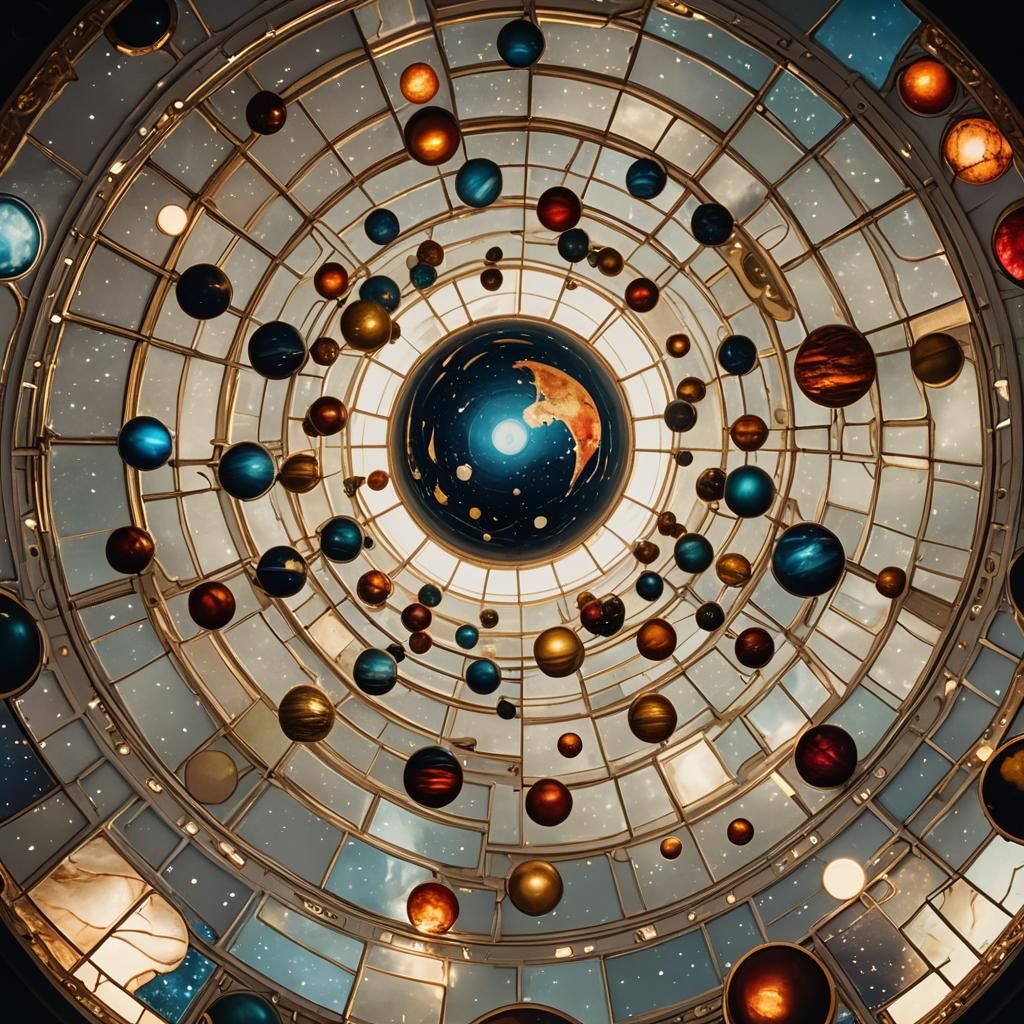 Stained Glass Planetarium with Golden Planets