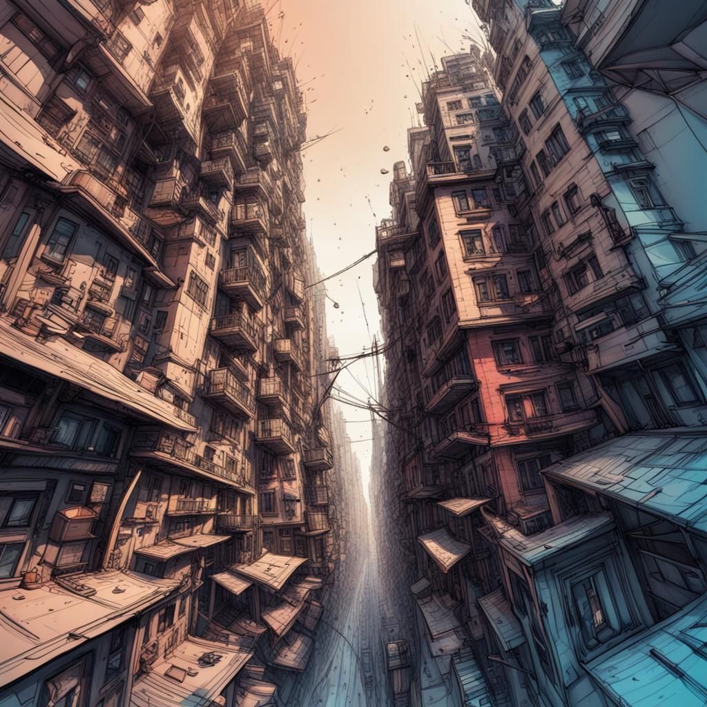 Surreal Warped Cityscape Ink Sketch in 8K