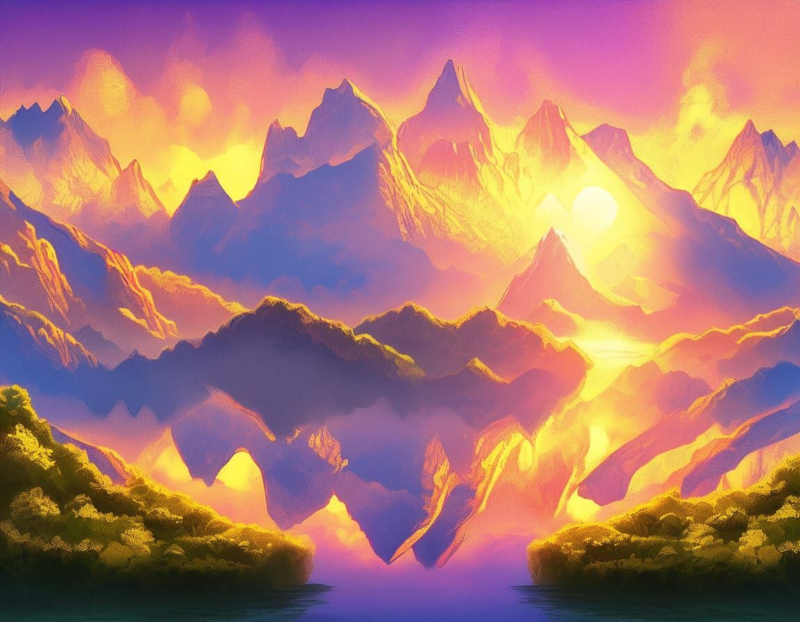 Majestic Mountain Landscape at Sunset with Reflecting Lake