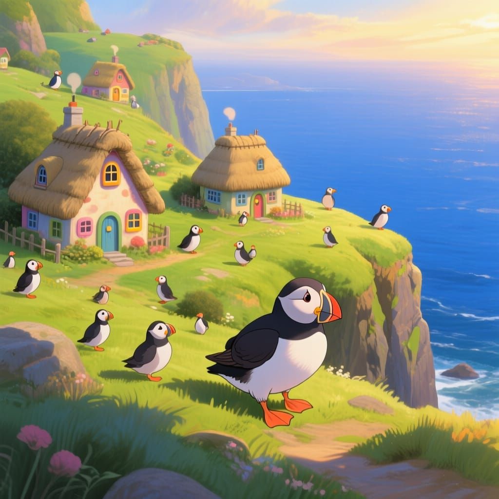 Cozy Puffin Village on Vibrant Cliffs at Golden Hour