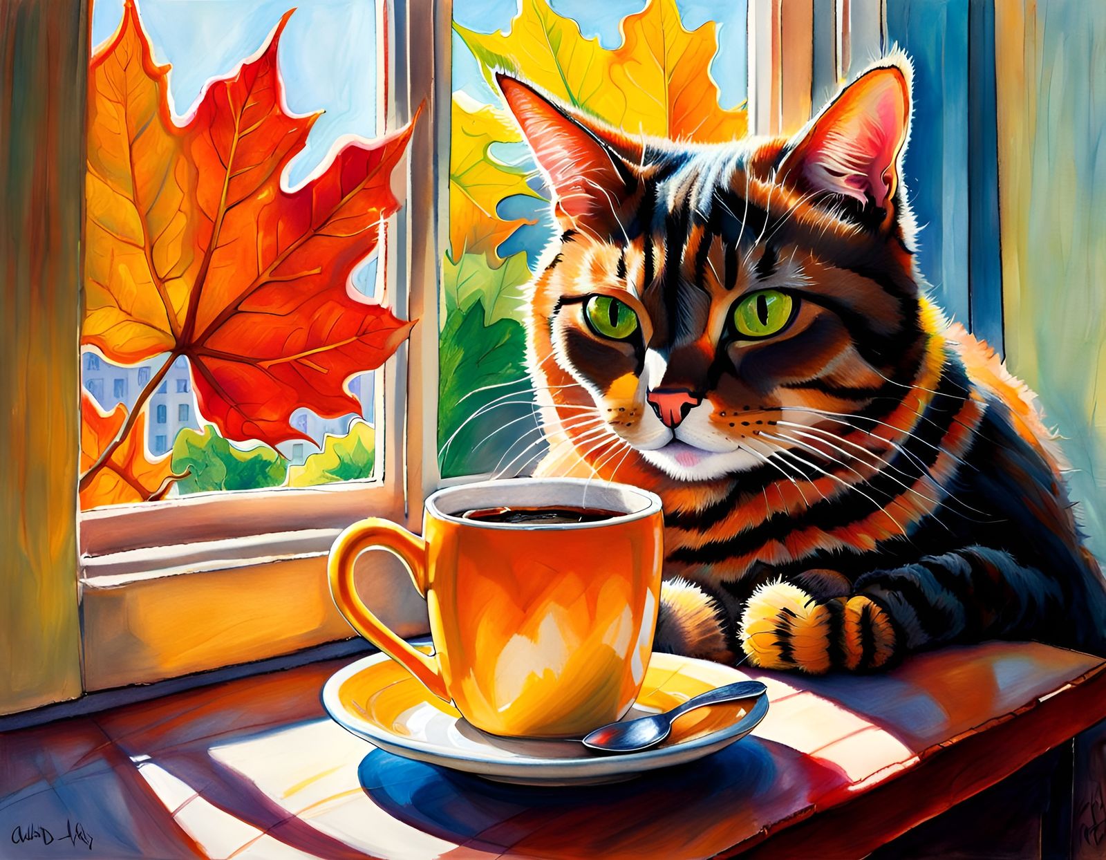 Cute Tortie Cat and Coffee: 3D Pastel Autumn Scene