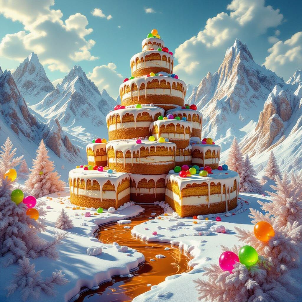 Surreal Cake Mountains with Caramel Rivers